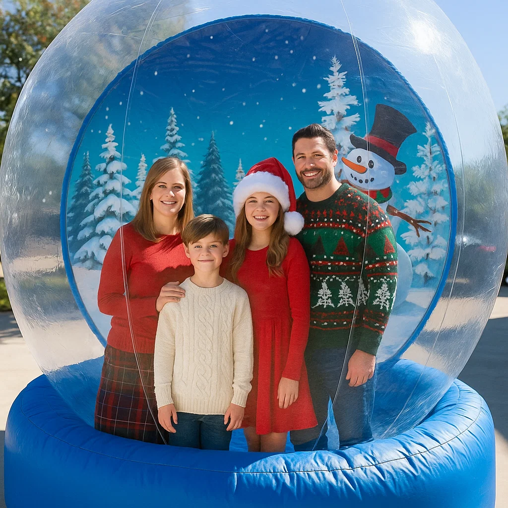 High‑throughput interactive snow globe photos for downtown holiday stroll by Party Pros East Coast — couples taking pictures