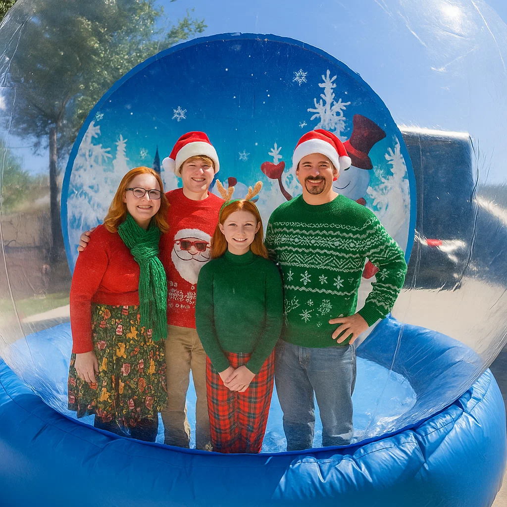walk‑in snow globe rental for corporate event — LED lights glowing