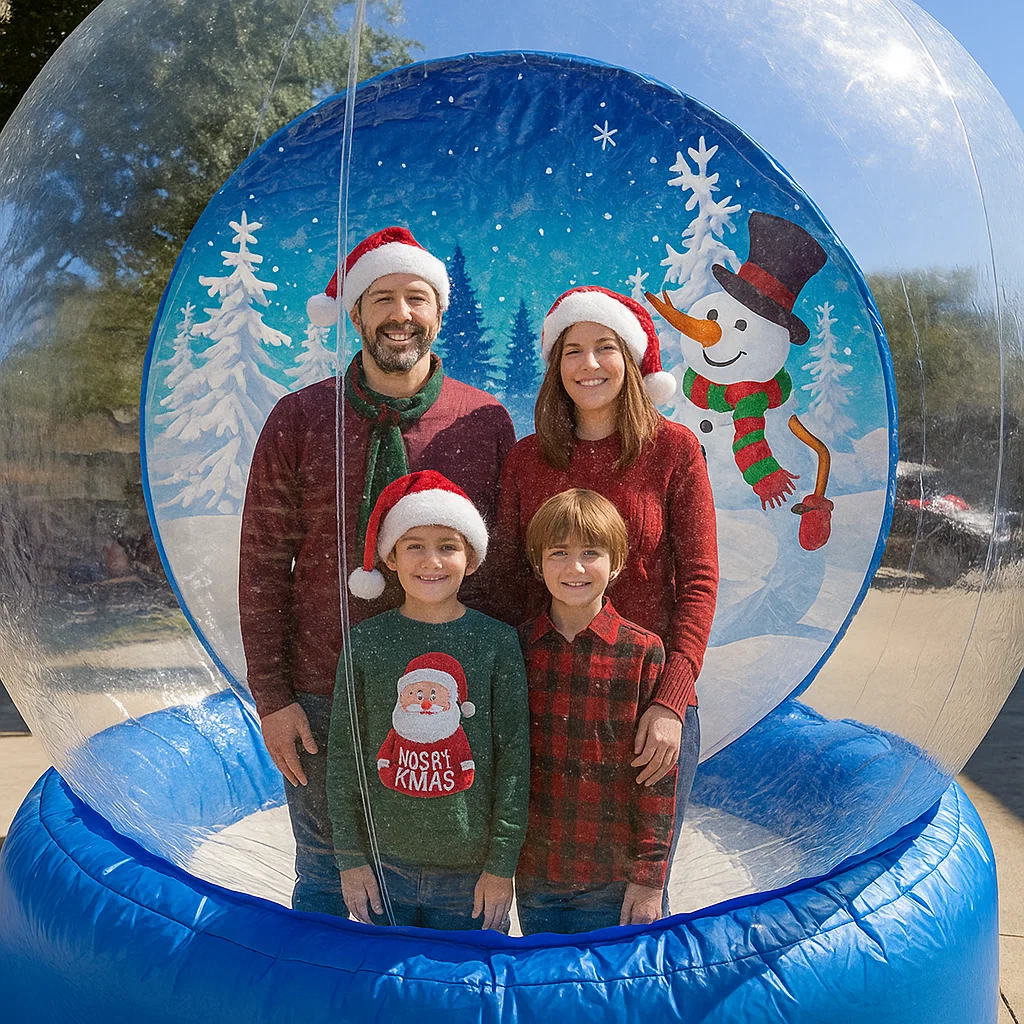 Guests enjoy snow globe photo booth rental at school dance by Party Pros East Coast — festive props and scarves
