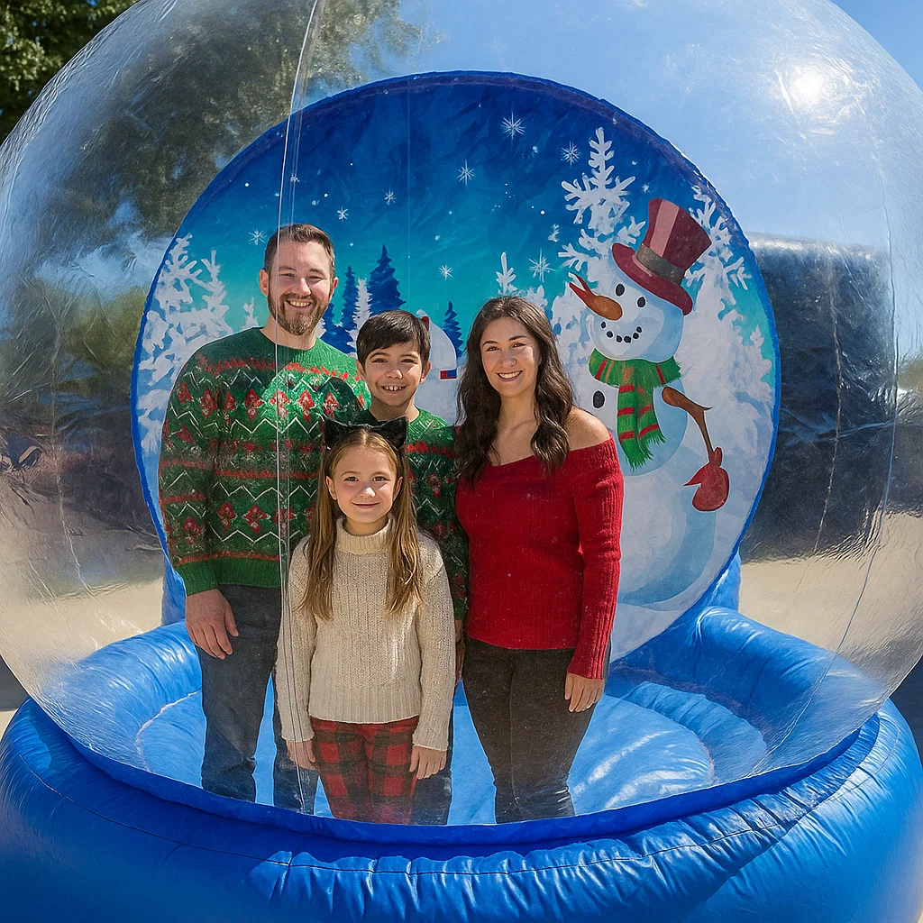 giant inflatable snow globe rental with attendant guiding entry for town tree lighting