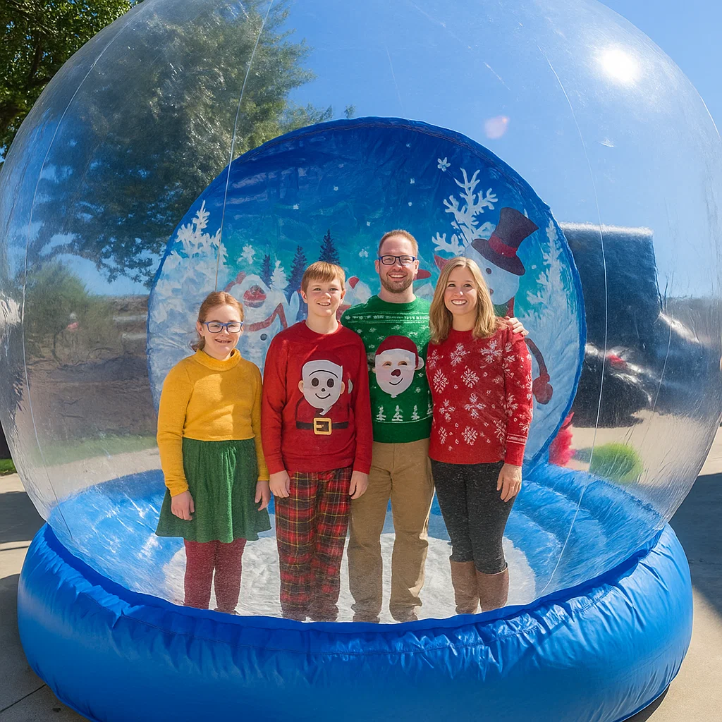 Branded human snow globe setup for charity gala — indoor setup at venue