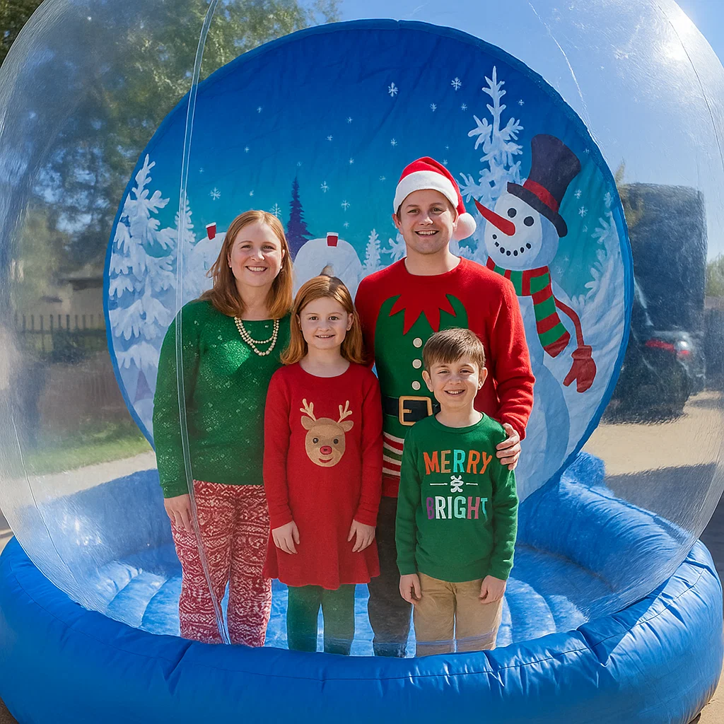 Guests enjoy snow globe photo booth rental at New Year celebration — soft snow effect