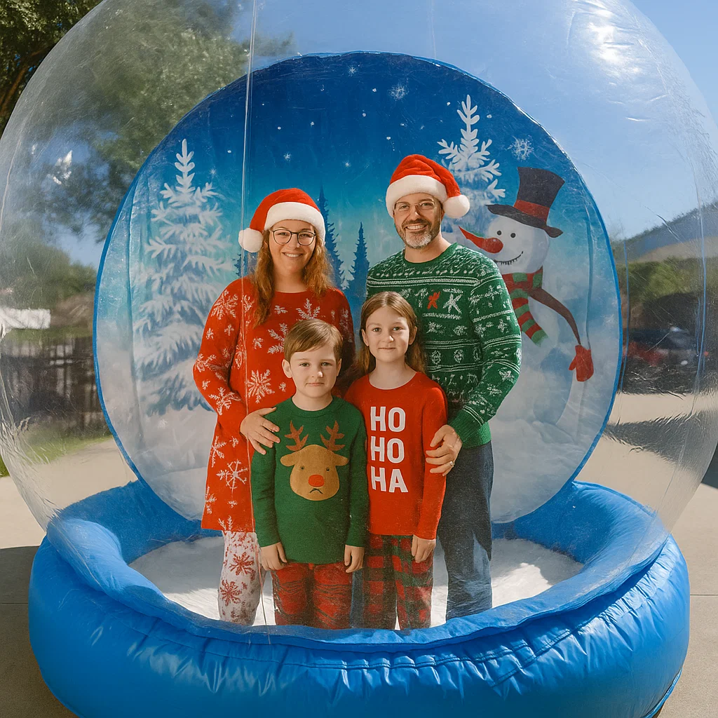 Branded human snow globe setup for sports halftime show — clear PVC globe walls