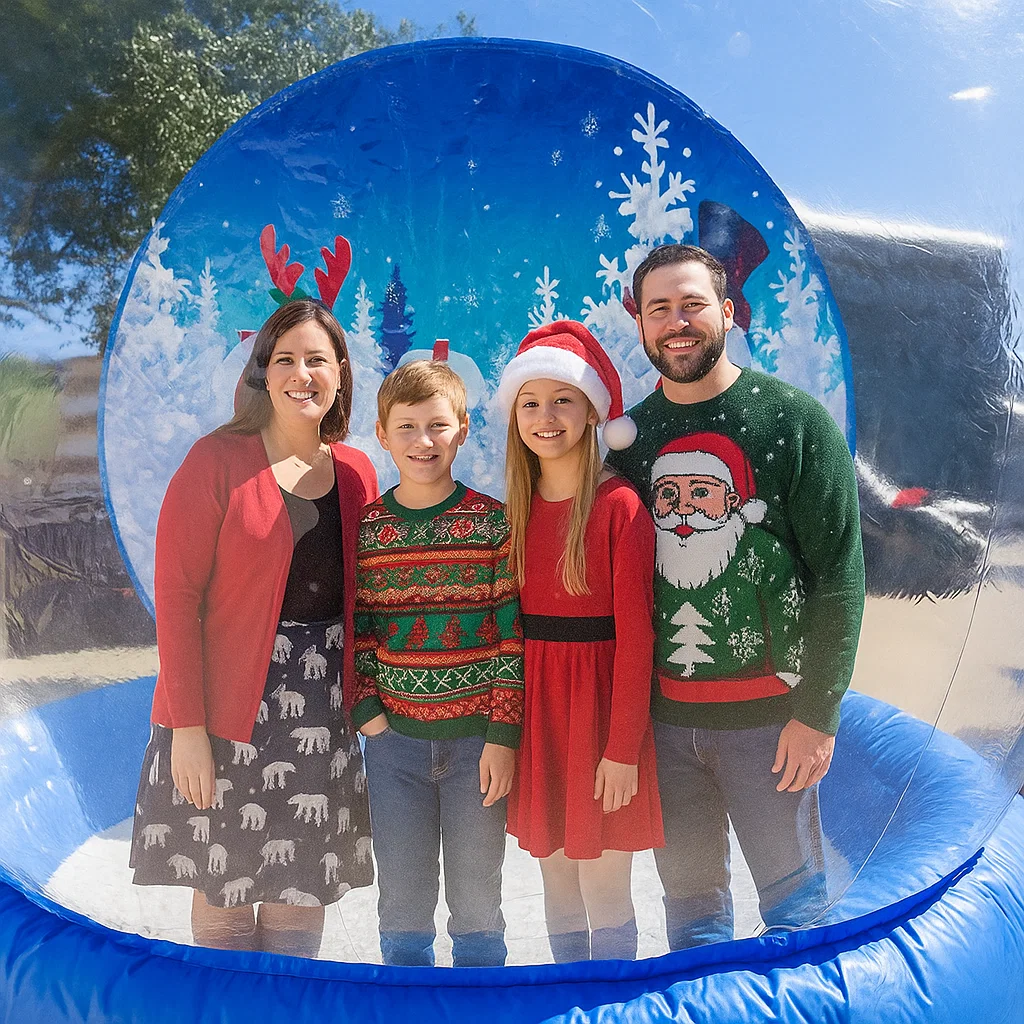 giant inflatable snow globe rental guests posing for photos at holiday party
