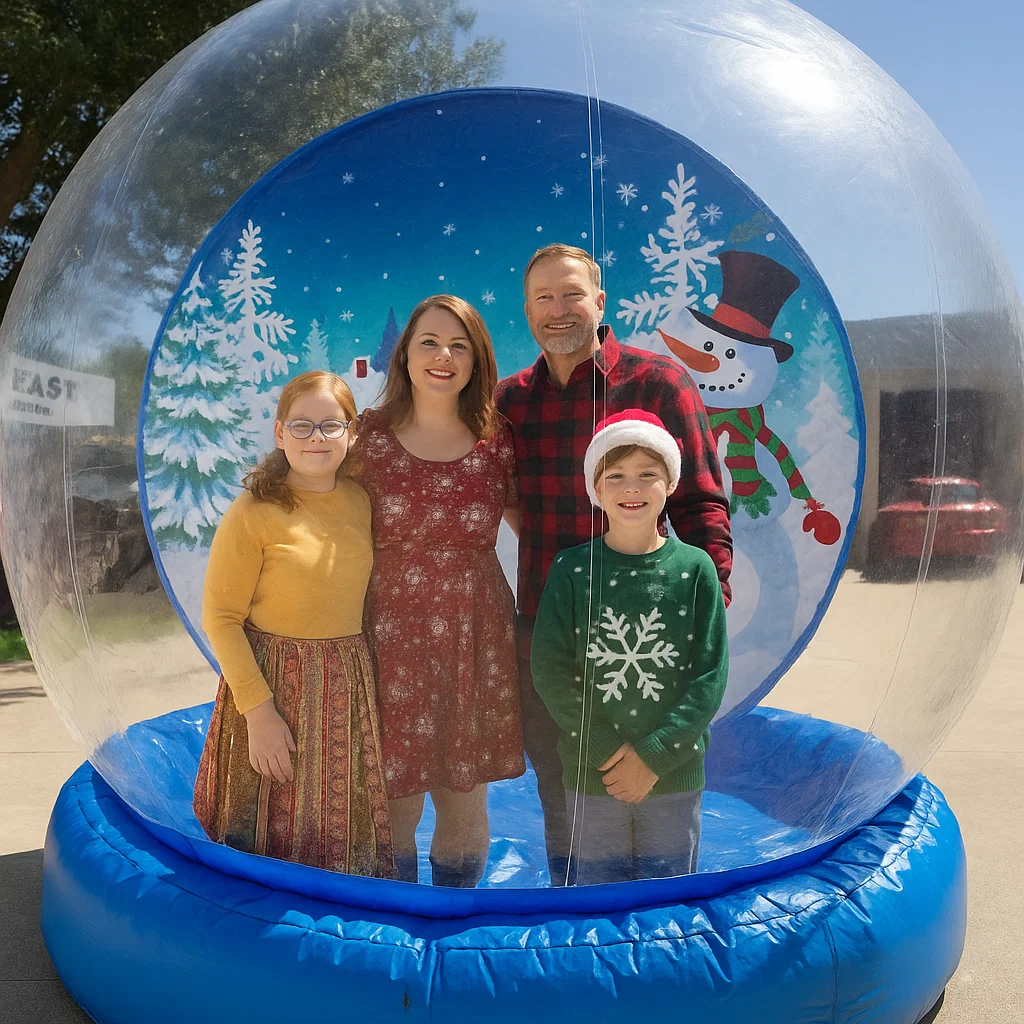 interactive snow globe photo experience for mall activation — couples taking pictures