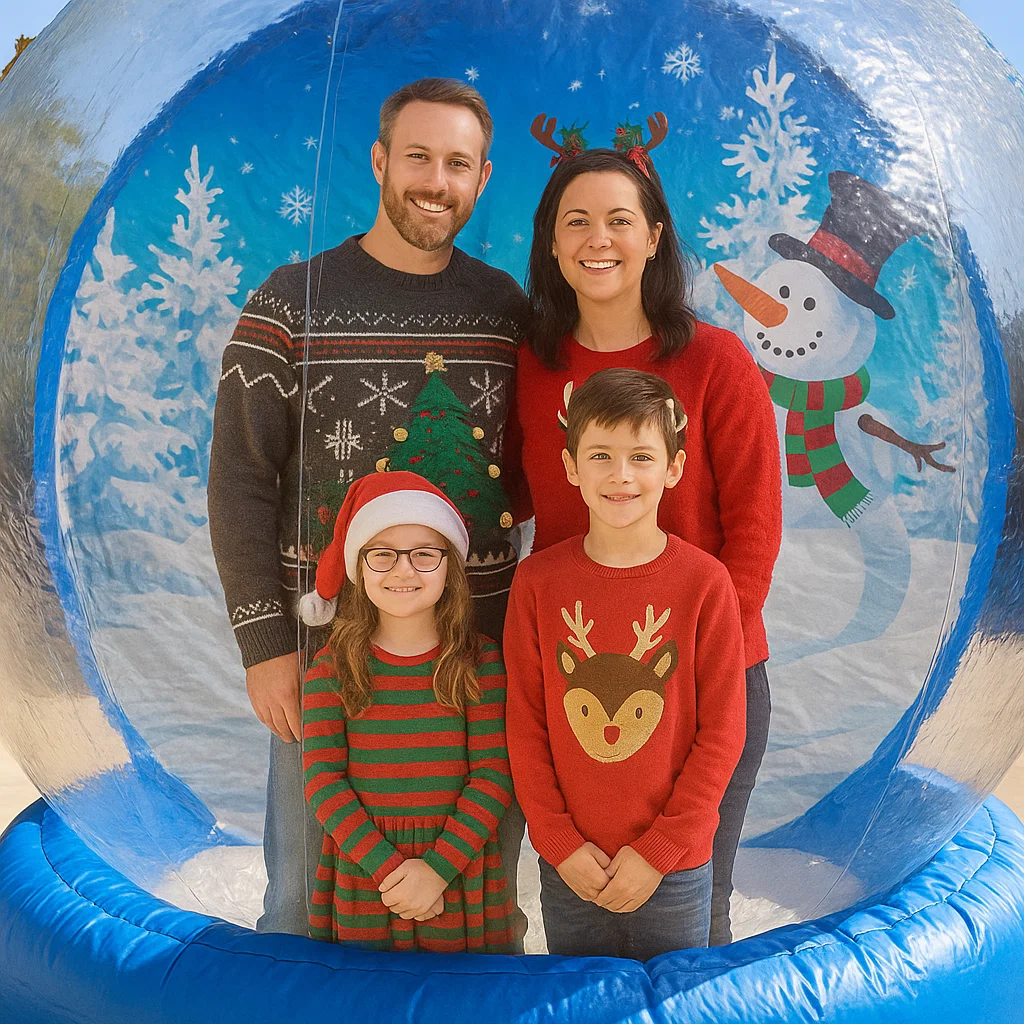 Guests enjoy snow globe photo booth rental at school dance — group photo session