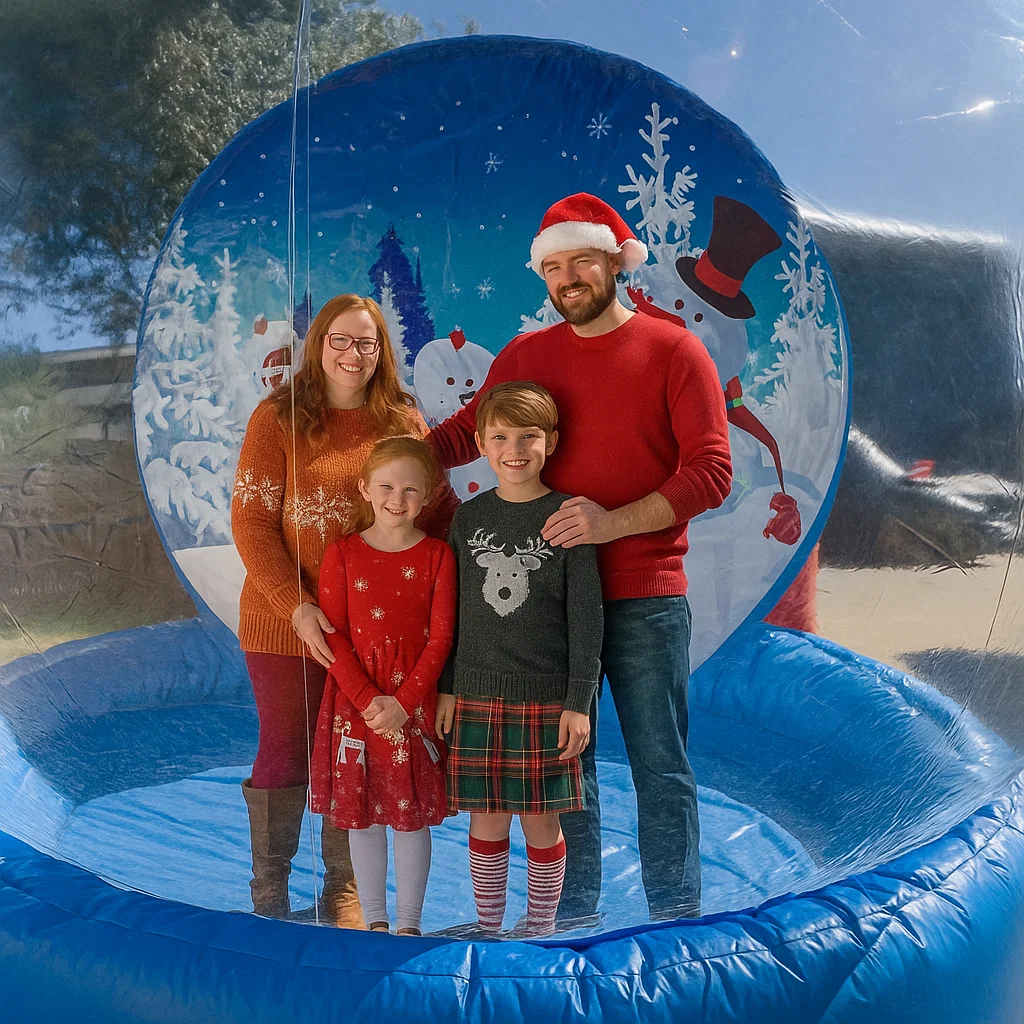 Branded human snow globe setup for charity gala — artificial snow swirling