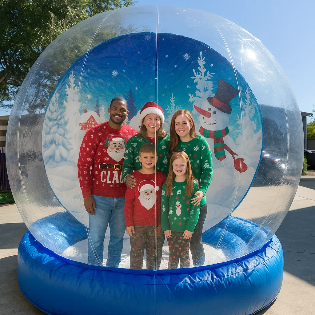 High‑throughput interactive snow globe photos for winter wedding reception by Party Pros East Coast — red carpet and stanchions