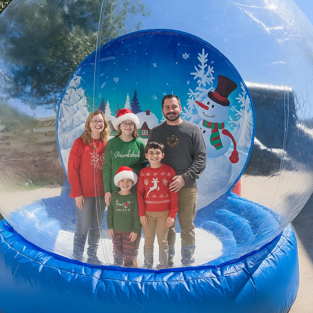 indoor setup at venue in a human snow globe rental at trade show booth