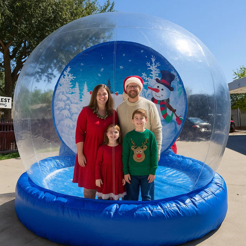 Branded human snow globe setup for sports halftime show — winter wonderland theme