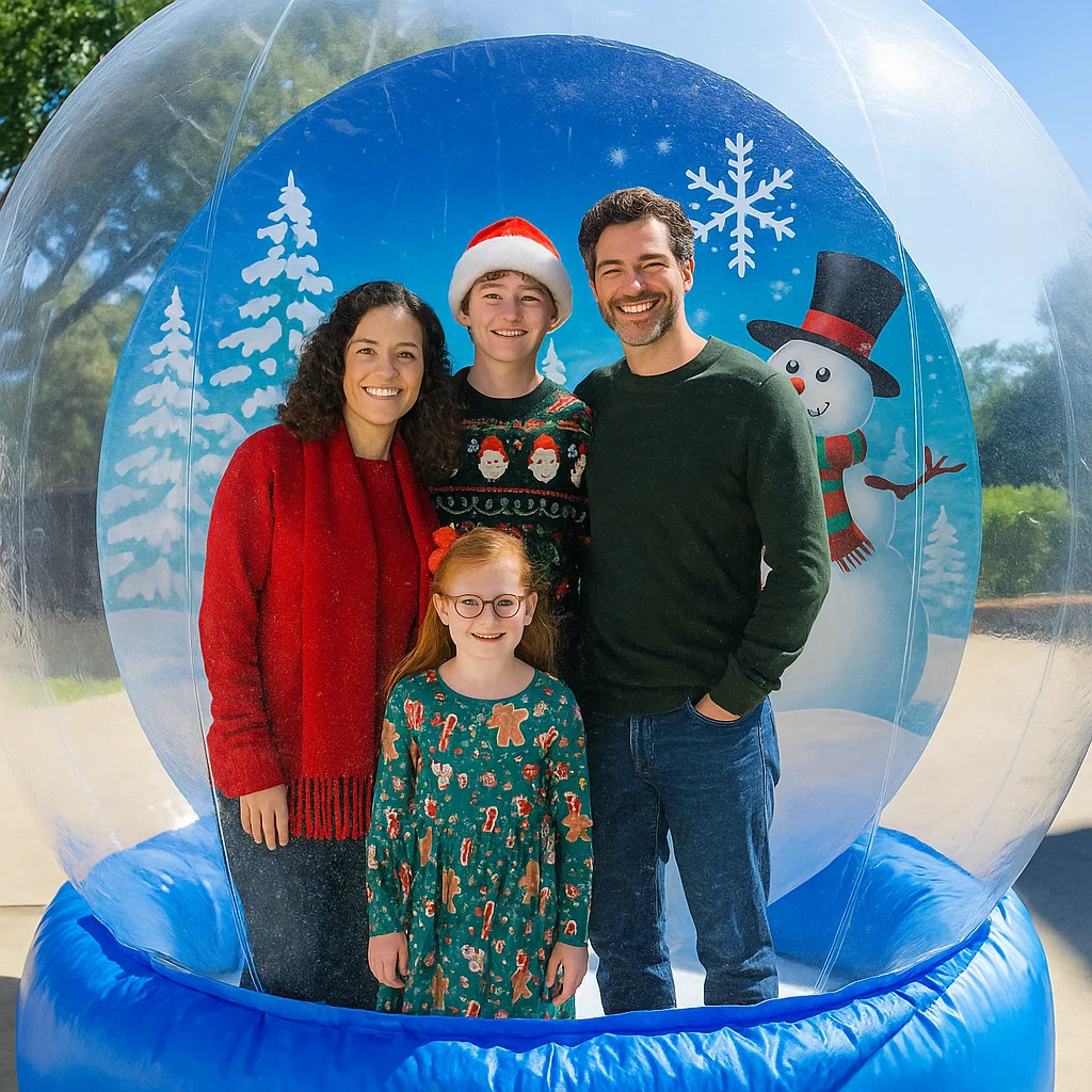 Guests enjoy snow globe photo booth rental at school dance — compact footprint for lobbies