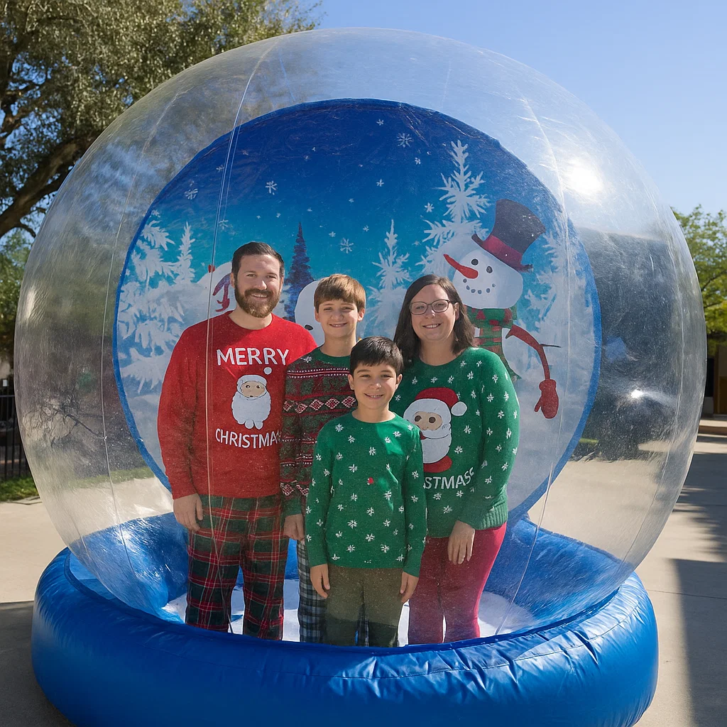 Elegant snow globe photo booth scene with group photo session at church Christmas festival — group photo session