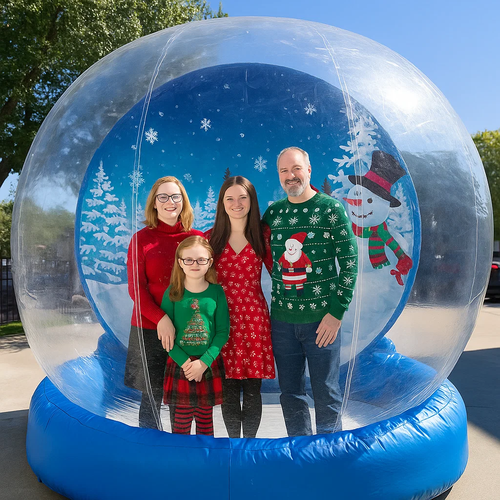 artificial snow swirling in a human snow globe rental at trade show booth by Party Pros East Coast