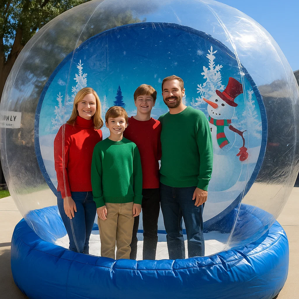 Branded human snow globe setup for sports halftime show | sports halftime show