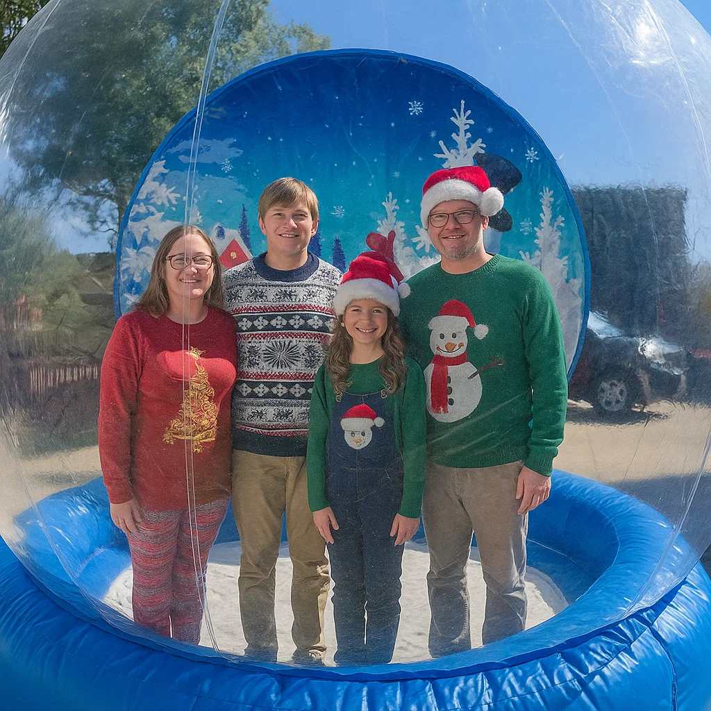 High‑throughput interactive snow globe photos for downtown holiday stroll by Party Pros East Coast — outdoor setup under tent