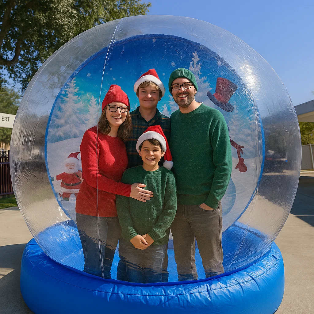 winter wonderland theme in a human snow globe rental at university winter fest