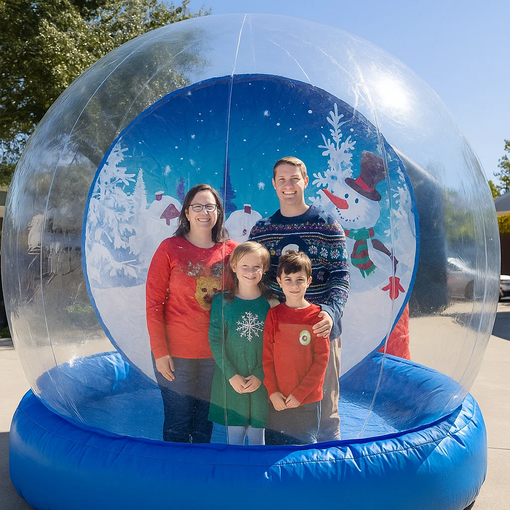 High‑throughput interactive snow globe photos for winter wedding reception — safe padded floor