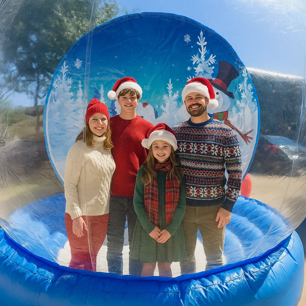Elegant snow globe photo booth scene with compact footprint for lobbies at church Christmas festival — compact footprint for lobbies