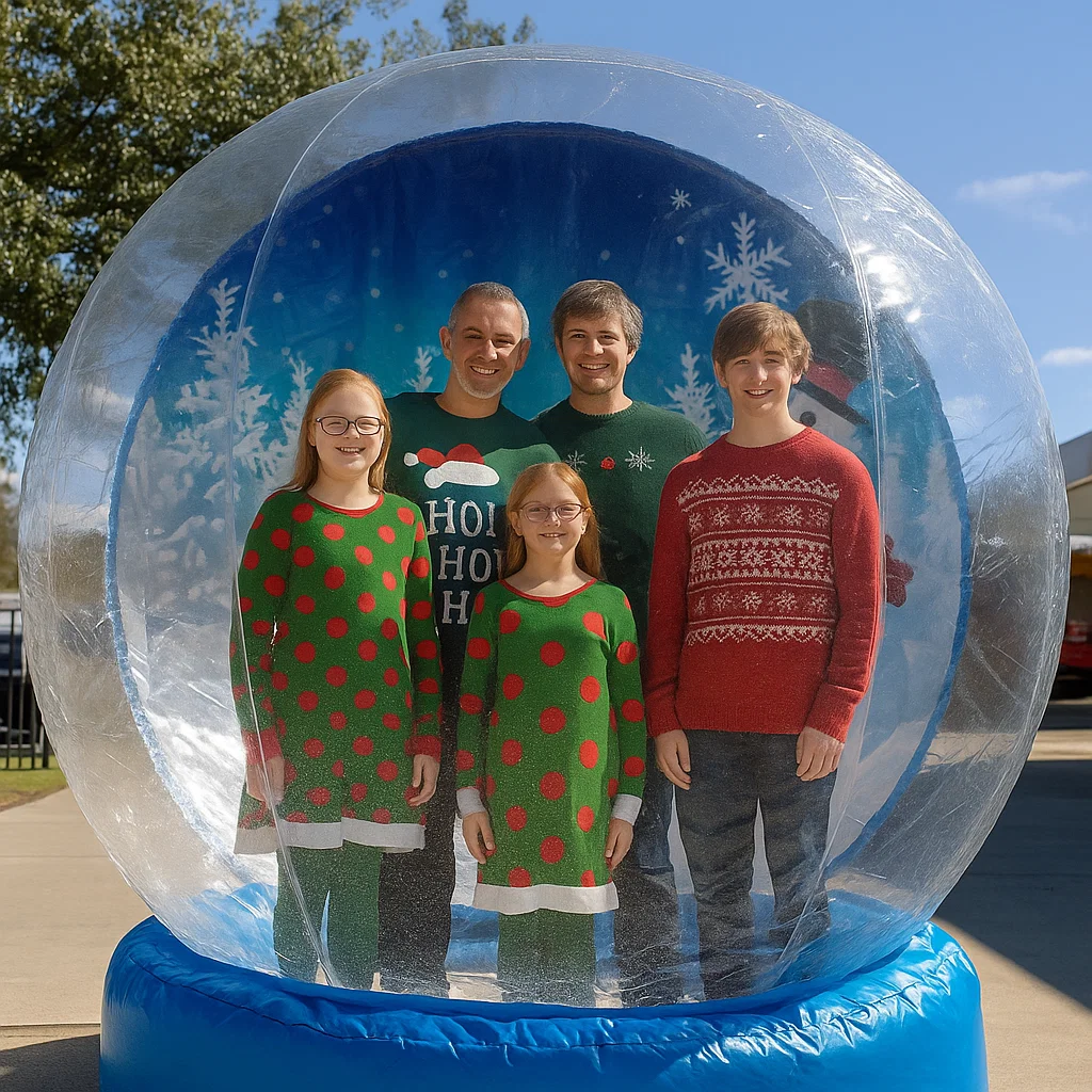 kids and parents smiling in a human snow globe rental at trade show booth — kids and parents smiling
