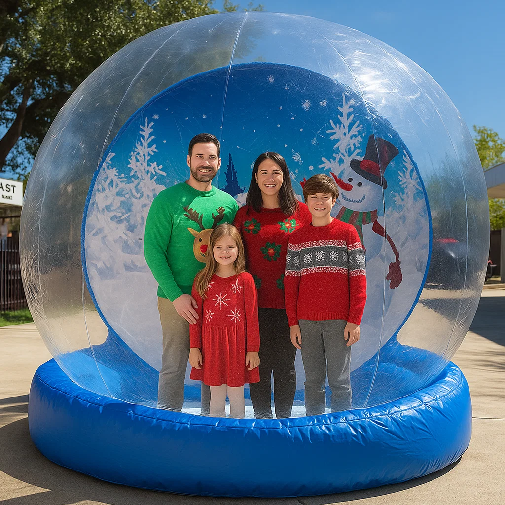 Elegant snow globe photo booth scene with festive props and scarves at photos with Santa queue — festive props and scarves