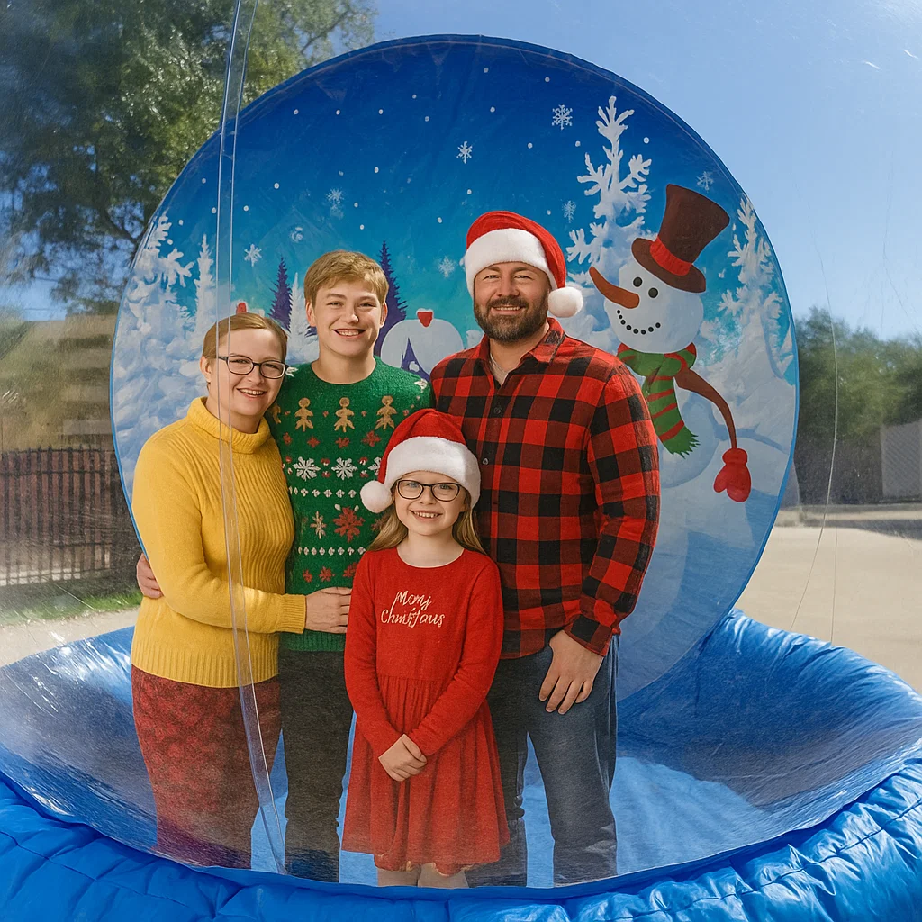 giant inflatable snow globe rental attendant guiding entry at holiday party
