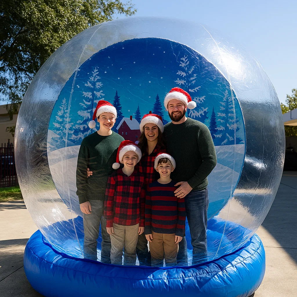 indoor setup at venue in a human snow globe rental at university winter fest by Party Pros East Coast
