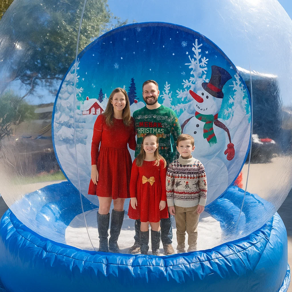 Guests enjoy snow globe photo booth rental at school dance | school dance