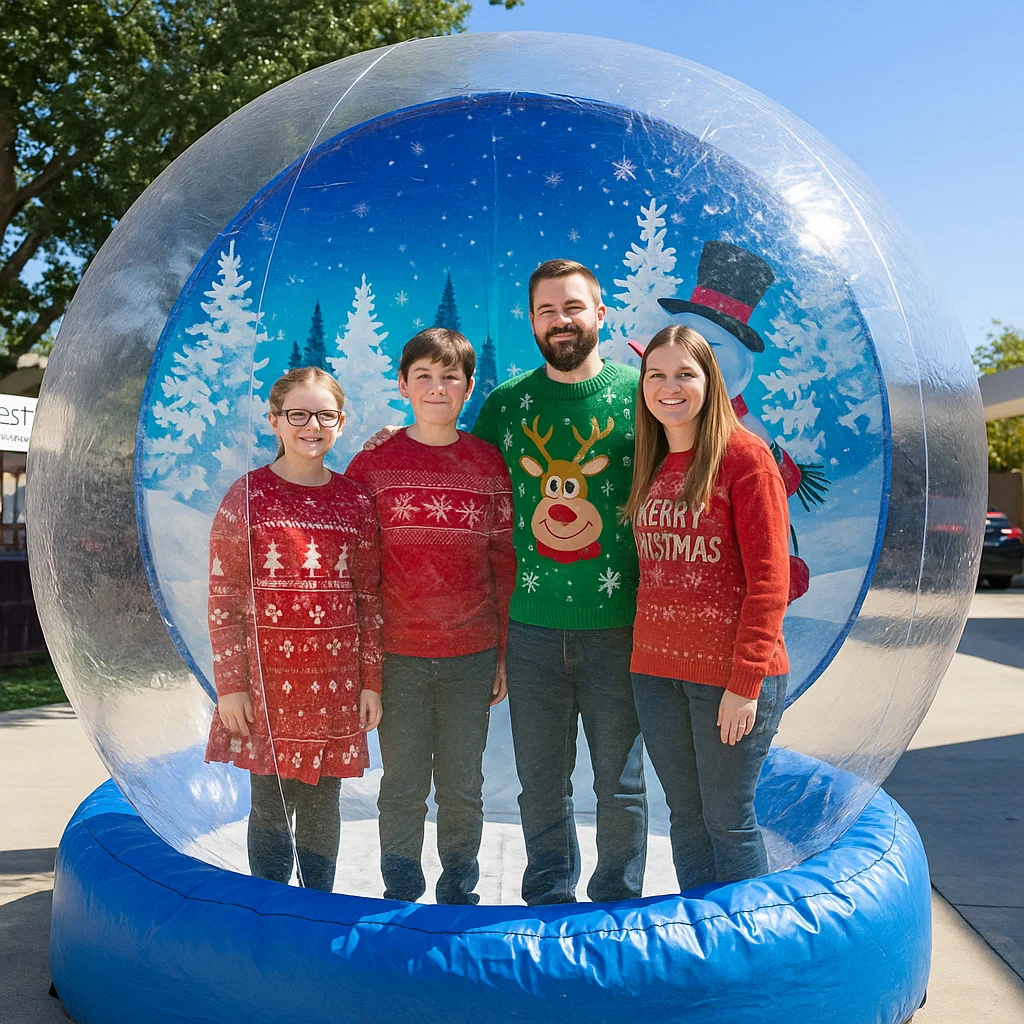 High‑throughput interactive snow globe photos for winter wedding reception by Party Pros East Coast — sparkling holiday decor