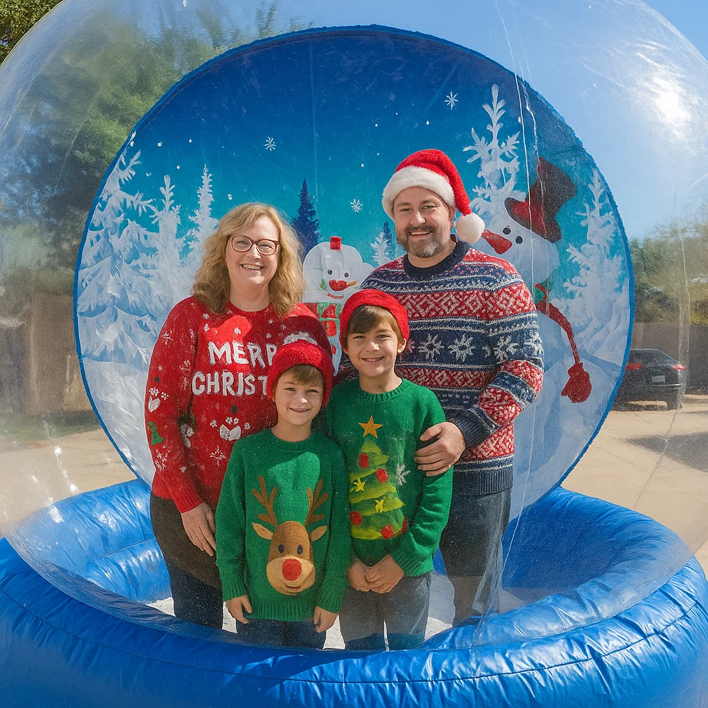 Elegant snow globe photo booth scene with soft snow effect at church Christmas festival — soft snow effect