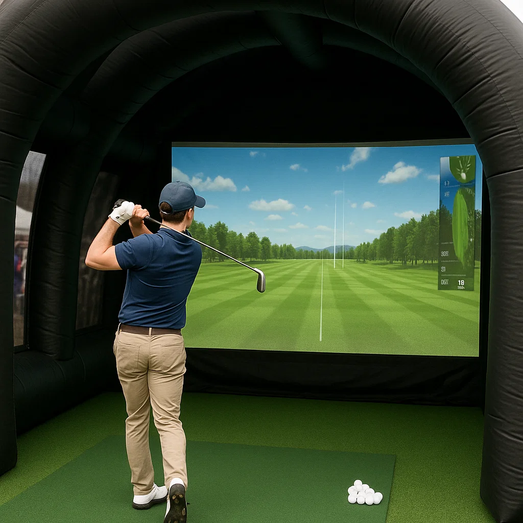 All weather golf simulator rental at trade shows – Party Pros East Coast