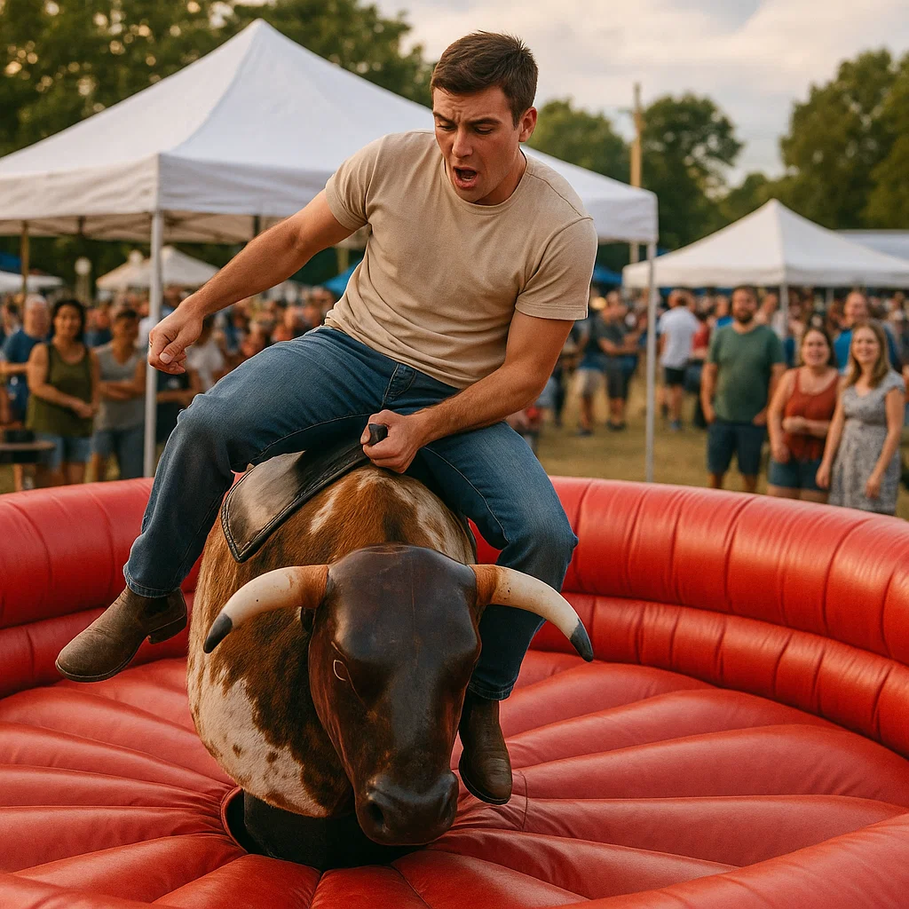 fun-filled crowd enjoying mechanical bull at street fair