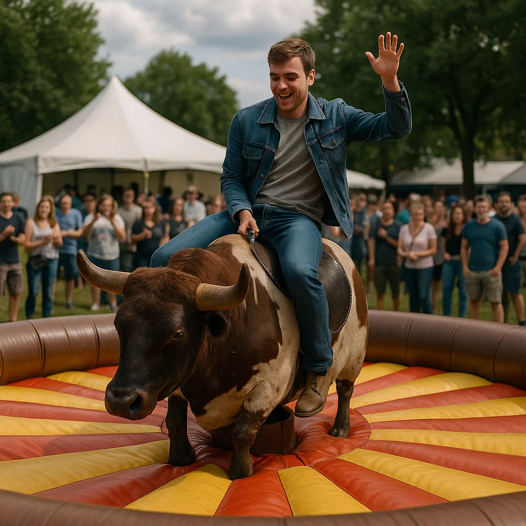 energetic mechanical bull riding at barbecue bash