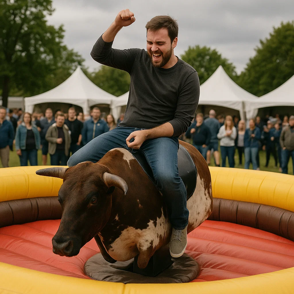 Taming mechanical bull during festival-style nightclub promotion