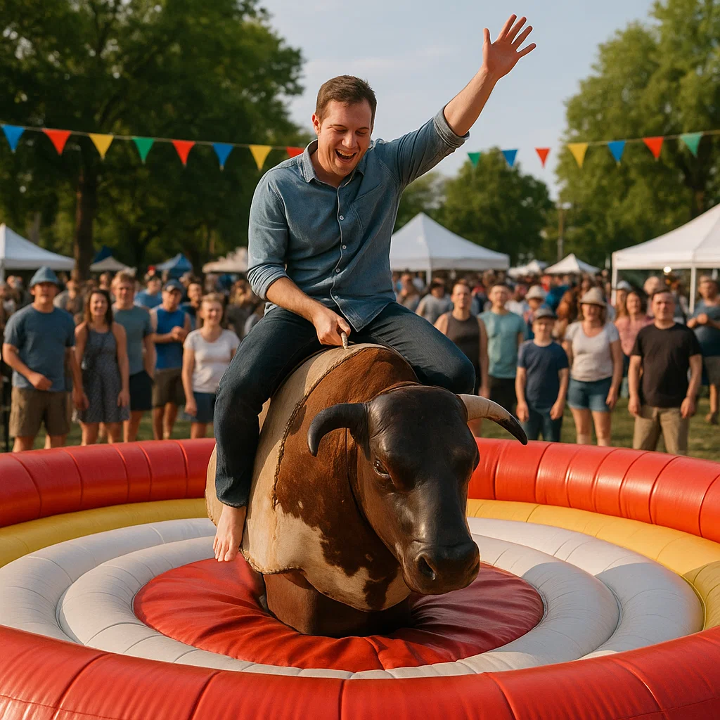Attempting mechanical bull during festival-style community festival