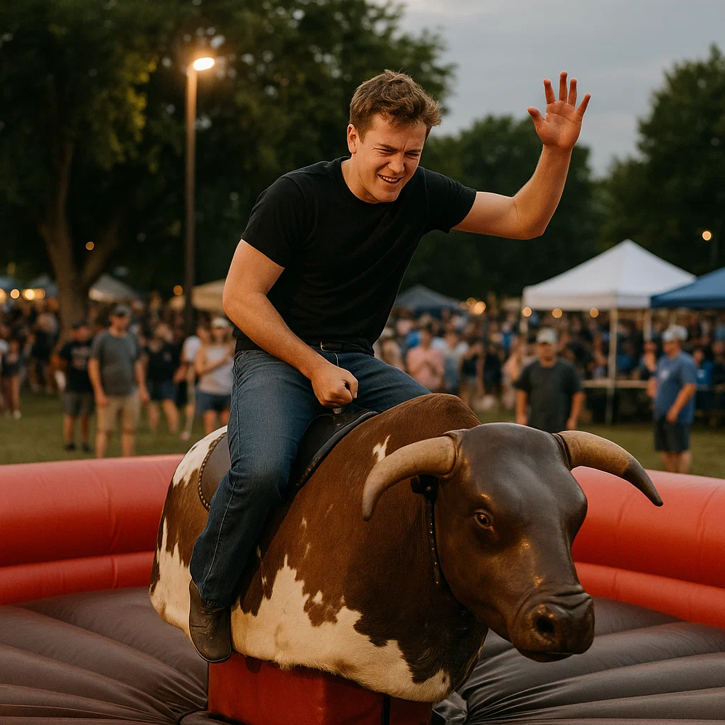 heart-pounding crowd enjoying mechanical bull at rodeo-themed night