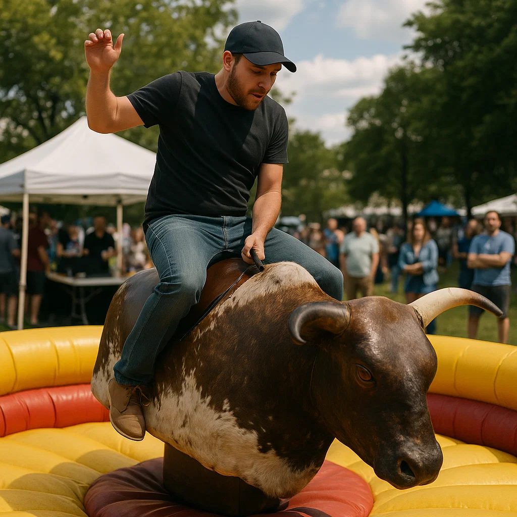 Challenging mechanical bull during interactive street fair