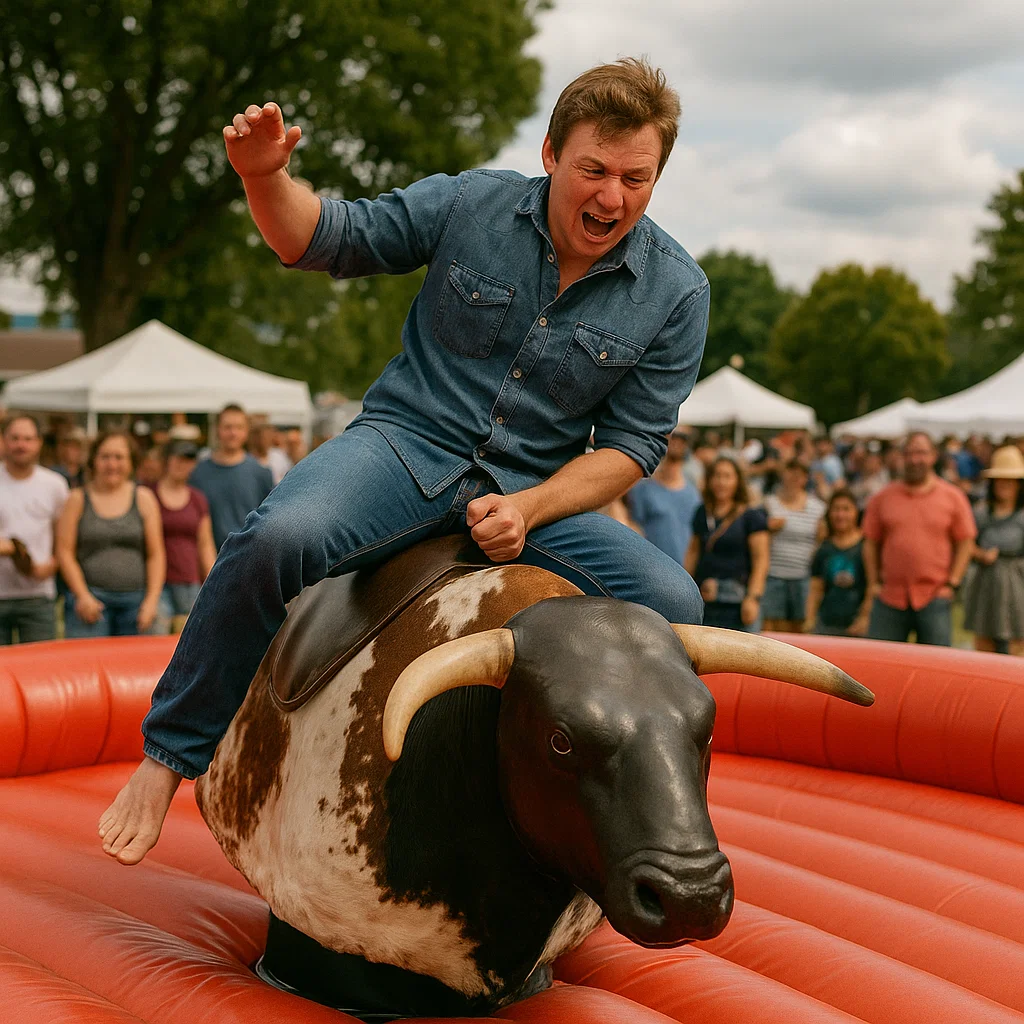 Testing skills on the mechanical bull during thrilling street fair
