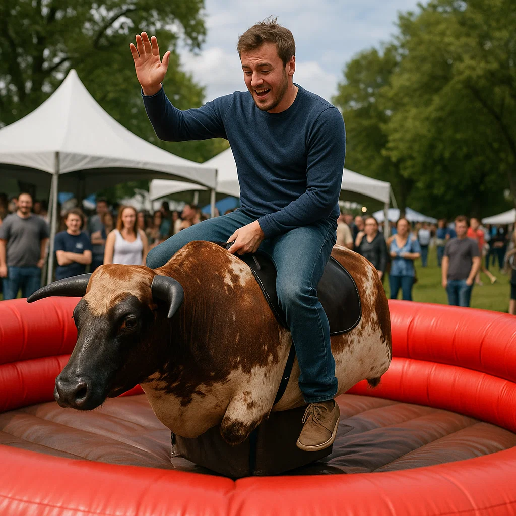 Mastering mechanical bull during interactive team-building event
