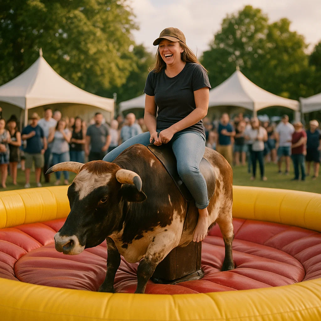 Challenging mechanical bull during energetic county fair