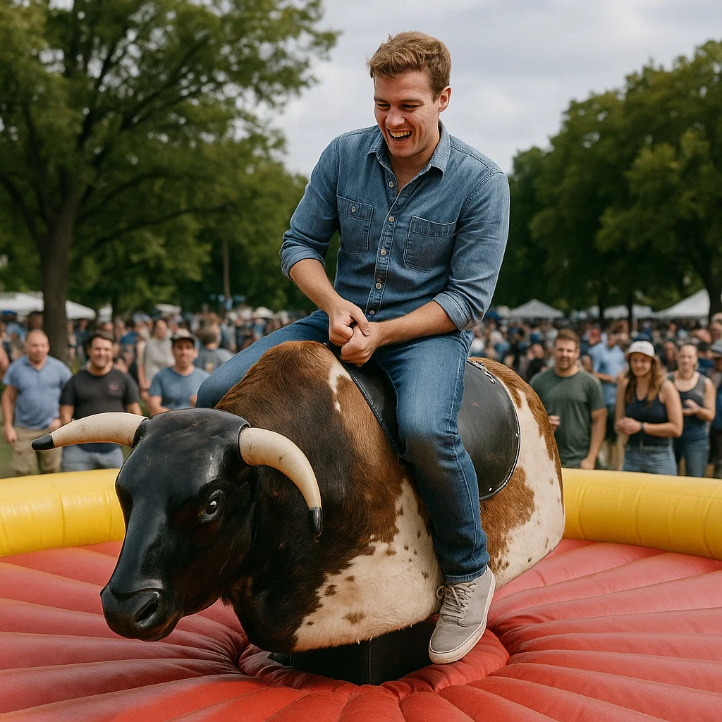 Challenging mechanical bull during fun-filled grand opening