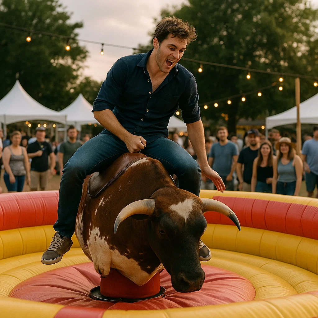 dynamic crowd enjoying mechanical bull at university orientation