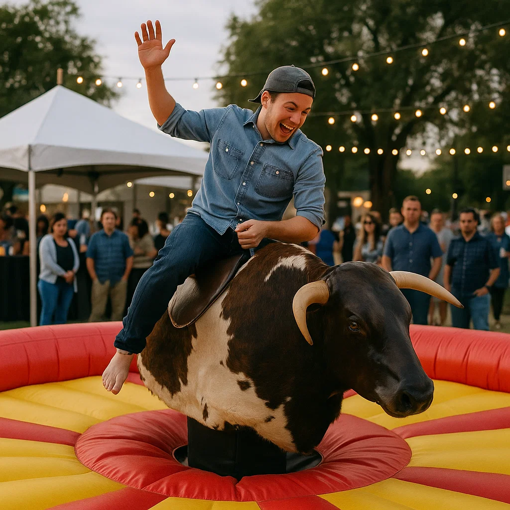 Challenging mechanical bull during lively birthday party