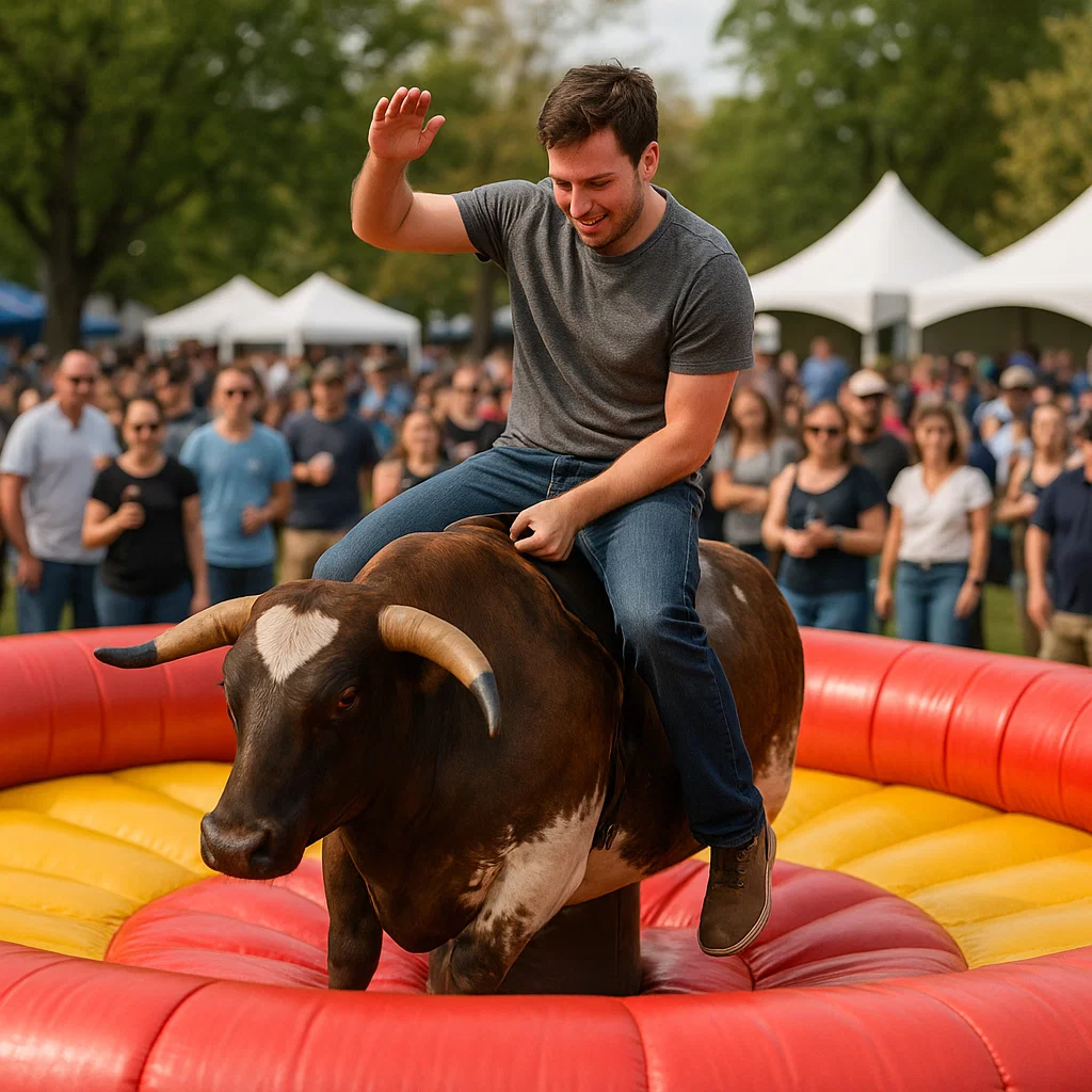 Testing skills on the mechanical bull during unforgettable holiday celebration