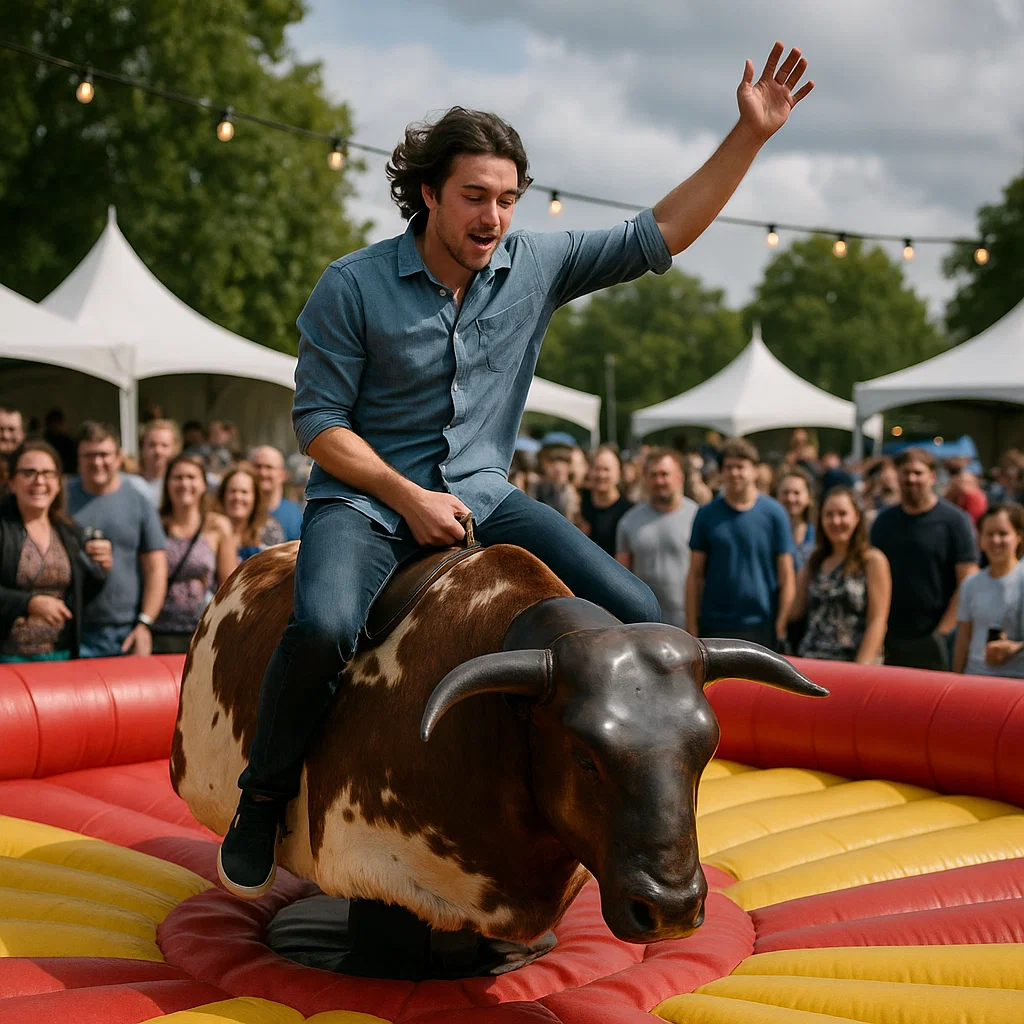 thrilling crowd enjoying mechanical bull at barbecue bash