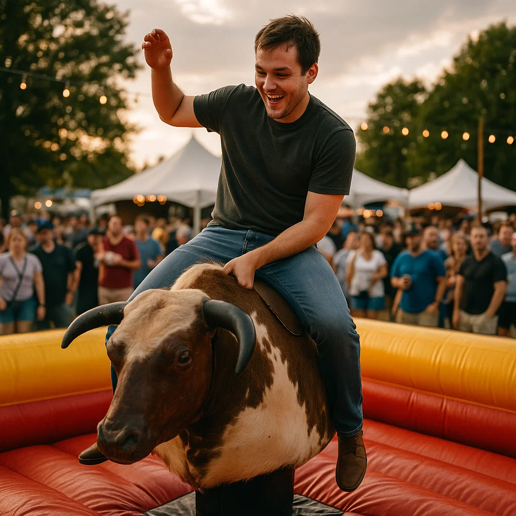 dynamic crowd enjoying mechanical bull at holiday celebration