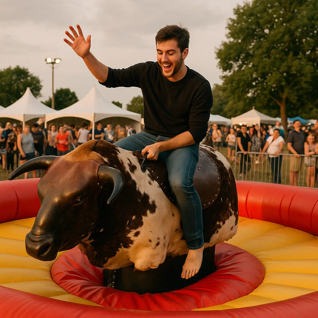 Testing skills on the mechanical bull during interactive holiday celebration
