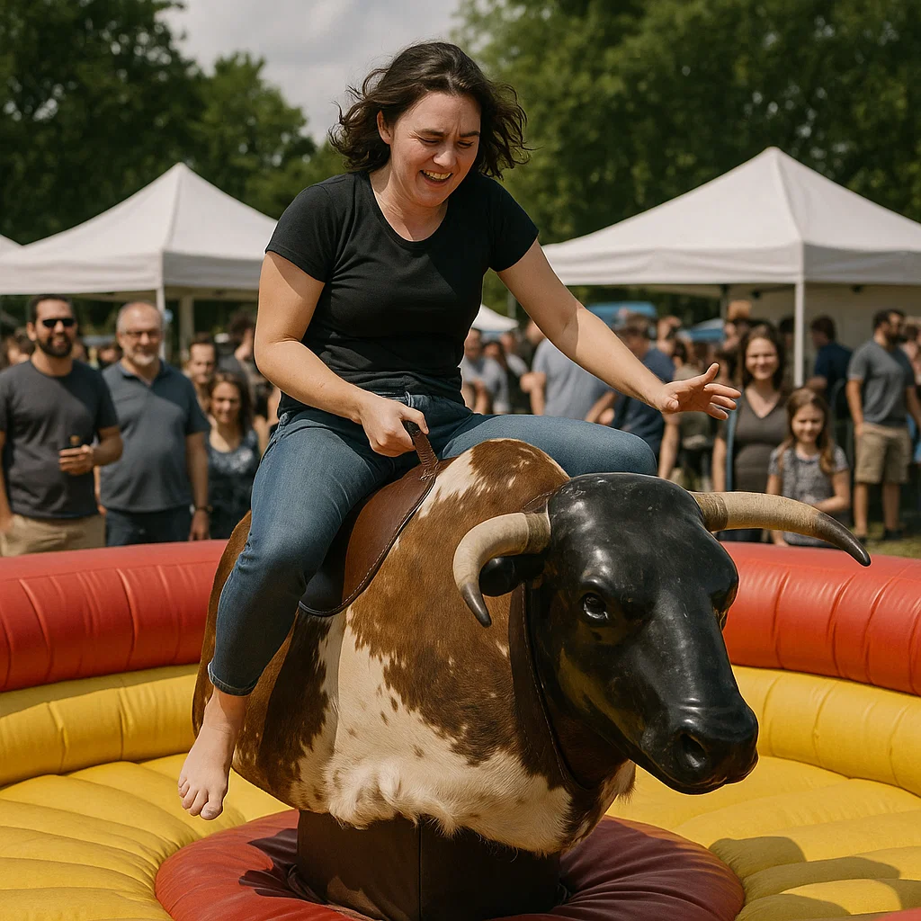 lively mechanical bull riding at sports tailgate