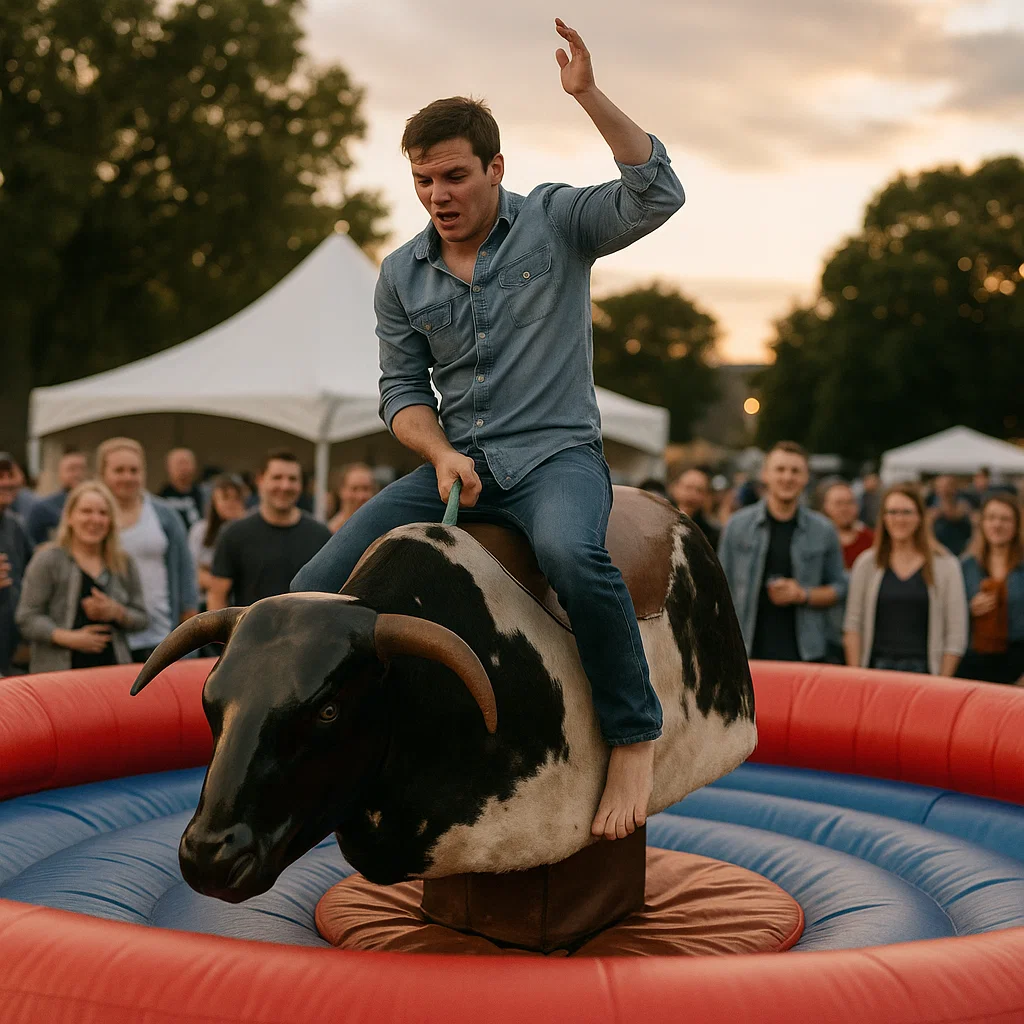 Mastering mechanical bull during exciting street fair