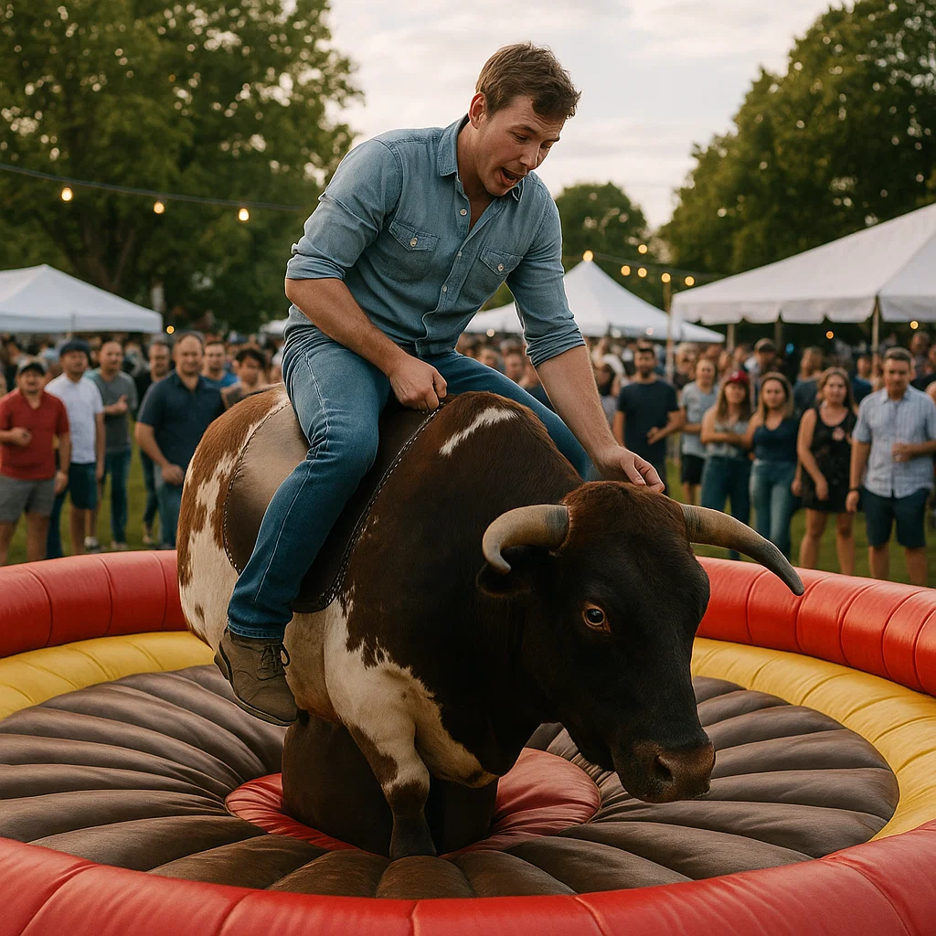 Testing skills on the mechanical bull during interactive team-building event