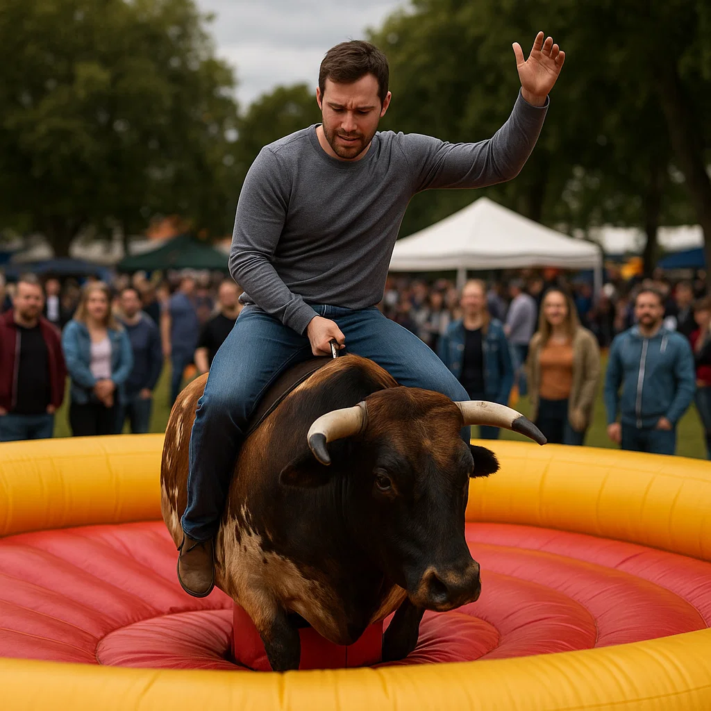 Taming mechanical bull during lively sports tailgate